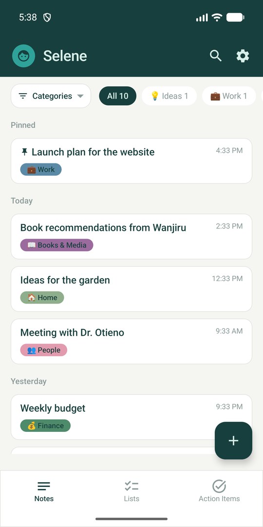 Your notes, newest first, with a quick category filter