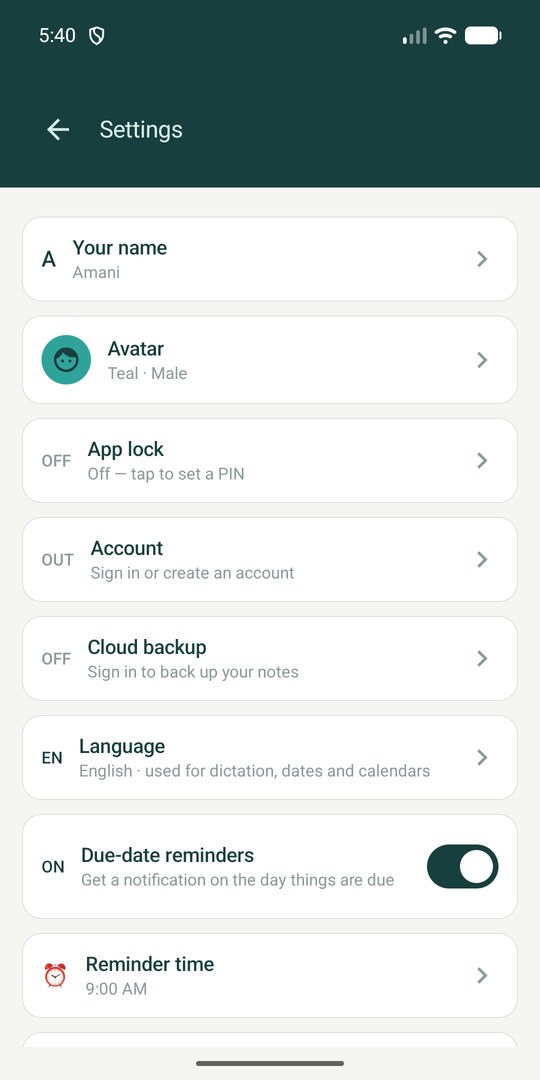 Language, reminders, app lock and backup in one place