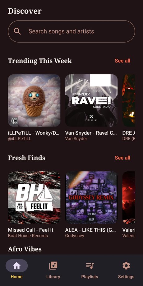 Discover screen with trending tracks and fresh finds