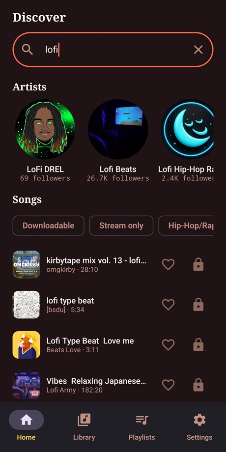 Search results with artists and songs