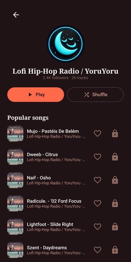 An artist page with popular songs